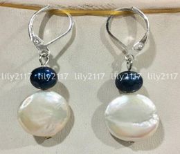 Natural 1314mm South Sea coin white black pearl Silver Plated Dangle earrings2422124