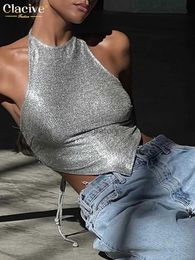 Women's Blouses Shirts Clacive Sexy Slim Silver Crop Top Women Bodycon Sleeveless Backless Lace-Up Tank Top Lady Elegant Party Tops Female Clothes 2022 YQ231213