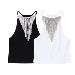 Women's Tanks Beading Tassel Neckline Black White Halter Knit Top Women Fashion Chic Lady Crop Y2K Camis Corset Tank Female Camisole