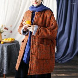 Women's Trench Coats Johnature Women Vintage Winter Parkas Stand Warm Plus Cotton Print Floral Patchwork Pockets Button Chinese Style