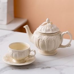 Milky Embossed Ceramic Pot Coffee Cup Saucer Creative European Afternoon Tea Teapot Teacup Simple White Porcelain2546