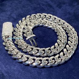 Popular Miami 12mm 14mm Sterling Silver Iced Out Moissanite Vvs Diamond Box Lock Stainless Steel Cuban Chain Necklace
