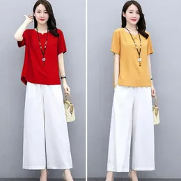 Women's Two Piece Pants 2 Pcs/Set Women T-shirt Set Solid Color Elastic Waist Loose Short Sleeve Wide Leg Daily Wear O Neck Deep Crotch Top