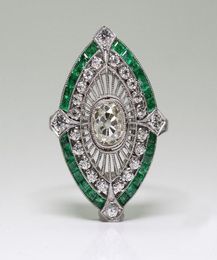 Antique Art Deco 925 Sterling Silver Emerald White Sapphire Floral Engagement Party Ring Size Anniversary Gift Day US 5 129045711