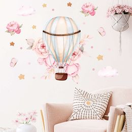 Hand Paint Watercolour Pink Hot Air Balloon Flowers Wall Stickers for Kids Room Baby Nursery Room Wall Decal Girl Home Decorative