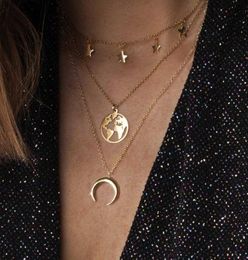 Vintage Map Moon Necklace For Women Fashion Gold Colour Long Necklace Multiple Layers Round Sequin Pendant Necklaces Boho Jewelry3603917