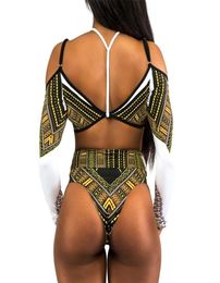 African Print High Waist Women Swimsuit Long Sleeve Swimwear Female Off Shoulder Two pieces Bikini set Bathing Suit Swim shipp330i9890101