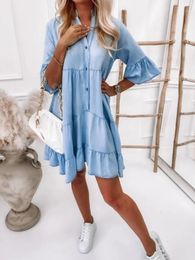 Basic Casual Dresses Spring Summer Light Blue Shirt Dress Office Ladies ALine Solid Midi Ruffled Hem Denim Skirt Loose 231212