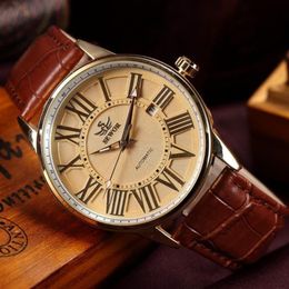 Men Mechanical Hand Wind Watch Retro Gold Roman Numeral Brown Leather Strap Clock Male Casual Automatic Wristwatches290r