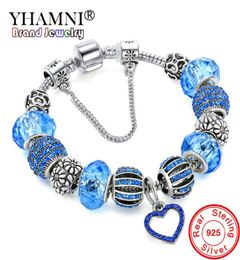 YHAMNI Original Solid 925 Silver Blue Charm Bracelet Bangle with Love and Flower Crystal Beads Safety Chain Bracelet For Women HB07200587