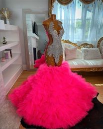 Pink 2024 O Neck Evening for Black Girls Beaded Crystal Birthday Party Gowns Mermaid Ruffles Long Prom Dresses Robe De Bal