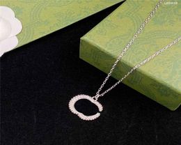 Luxury Full Diamond Necklace Couple Double Letter Pendant Necklace Unisex Steel Seal Stamp Crystal Pendants With Gift Box3937671