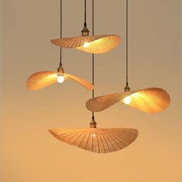 Hand Knitted Bamboo Pendant Lamp Creative Curve Leaf Light el Restaurant Cafe Mall Shop Bedroom Handmade Suspension Hanging Cha214M