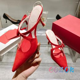 Slippers Summer Sexy Red Suede Heart-shaped Hollow Mules Real Leather Pointed Toe Women's High-heel Brand Party Shoes