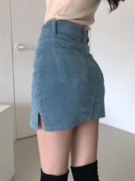 Skirts Korobov Blue High Waist Pack Hip Skirt Korean Fashion Faldas Autumn Winter For Woman Slim-fit Short Slit Corduroy