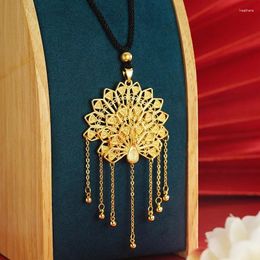 Pendants Real 18K Gold Colour Lingdong Peacock Tassel Ethnic Style Retro Pendant Necklace Women's Clavicle Chain Neck Fine Jewellery Gifts