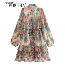 Basic Casual Dresses Pokiha 2023 Fashion Women Vintage Chiffon Print Elegant Lace Up Slim Ruffles Long Sleeve Mini Dress Female Chic Vestidos 231212