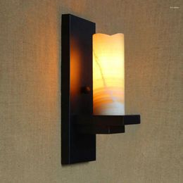Wall Lamp GZMJ Vintage Retro Black Sconce Lodge Iron Lamps Artificial Marble Candle Lampshade Light Fixture