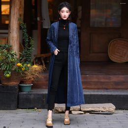 Women's Trench Coats Vintage Coat For Women Winter 2023 Fashion Elegant V-Neck Long Sleeved Embroidered Over-Knees Denim Cardigan Outerwear