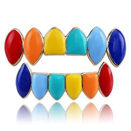 Hip Hop Gold Rainbow Teeth Grillz Top&Bottom Set Colorful Grills Dental Halloween Vampire Teeth Cap Fashion Jewelry222P