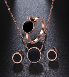 316L Titanium Steel Jewelry Set Rose Gold Black Enamel Ring Earrings Necklace Set8550515