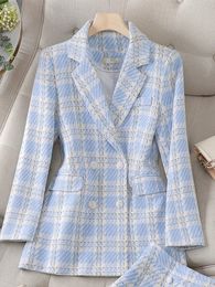 Women s Suits Blazers Autumn Winter White Blue Plaid Women Blazer Ladies Jacket Female Long Sleeve Double Breasted Button Decoration Casual Coat 231213