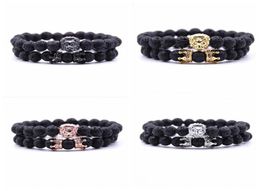 2 PcsSet Animal King Lion Head Lava Stone Bracelet Black Natural Stone Crown Couple Braclet Sets For Men Hand Jewelry Accessories2676195