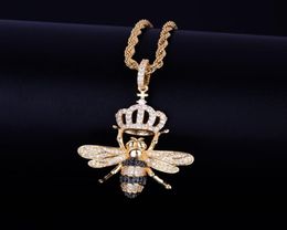 Animal Crown Bee Necklace Pendants Gold Silver Colour Iced Cubic Zircon Men039s Hip hop Jewellery With Tennis Chain8830239