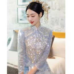 Ethnic Clothing Yourqipao Blue Phoenix Embroidery Xiuhe Cheongsam Chinese Style Bride Wedding Dress Elegant Marriage Toast Evening Gown 231212