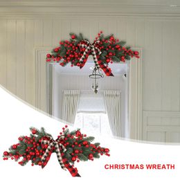 Decorative Flowers Christmas Pine Needles Hanging Garland With Plaid Bow Front Door Wreath Festival Favours Red Ball For Wall Lintel Decor