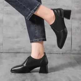 Dress Shoes Winter Fashion For Women Leather Slip On Square Toed Black Loafers Ladies Knitting High Heel Zapatos De Mujer