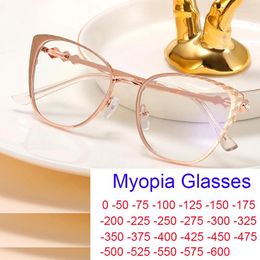 Sunglasses Elegant Women Metal Anti Blue Light Cat Eye Glasses Fashion Gold Frame Prescription Eyewear Optics Computer Myopia -2.75