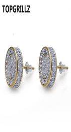 TOPGRILLZ Gold Silver Colour Iced Out Cubic Zircon Round Stud Earring With Screw Back Buckle Men Women Hip Hop Jewellery Gifts2643176