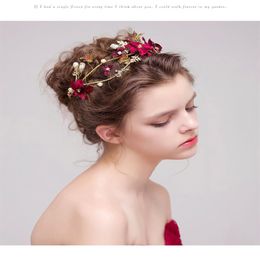 Fashion Rhinestone Red Flower Gold Plated Butterfly Hairbands Wedding Tiara Pearl Headbands Bridal Hair Jewelry Accessories309H