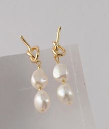 Dangle Chandelier Peri039sBox 2 Natural Pearls Link Drop Earring Knotted Hollow Baroque Pearl Hanging Earrings Elegant Trendy4626246