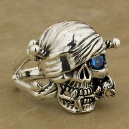 925 Sterling Silver Pirate Skull Ring Rose Blue CZ Mens Biker Style 9W101 C18122501289T