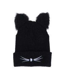 Warm Winter Hat For Women Cute Cat Ears Hat Skullies Hats Pompom Caps Female Bonnet Femme Woolen Black Knitting Braided Fur Hat Y19011536