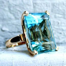 Large CZ Stone Women Cocktail Party Club Ring Accessories Square Blue Crystal Lady Wedding Date Engagement Love Token Cluster Ring243j