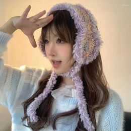 Berets Women Girls Colourful Knitted Earmuffs Autumn Winter Vintage Furry Plush Thermal Warm Ear Warmer With Chin Strap