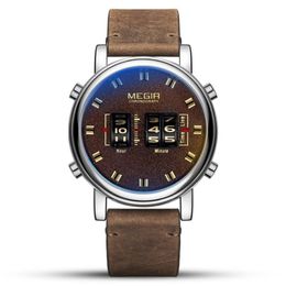 MEGIR Personality Creative Design Roller Mens Watch Classic Leather Strap Atmosphere Frosted Dial Wearproof Mineral Crystal Glass 227b