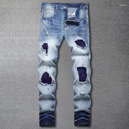 Men's Jeans Diamond Contrasting Colour Mens Patchwork Skinny Hole Streetwear Hip Hop Slim Men For Motorcycle Pants