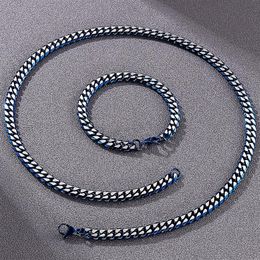 Chains 8MM Cuban Link Curb Chain Necklace & Bracelet Set For Men Golden Blue Stainless Steel Men's Necklaces Bracelets Man Ac230a
