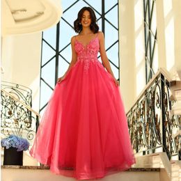 Deep V-Neck A-Line Prom Dresses Lace Appliques Sleeveless Backless Floor Length Tulle Party Gown Vestidos De Gala New 328 328