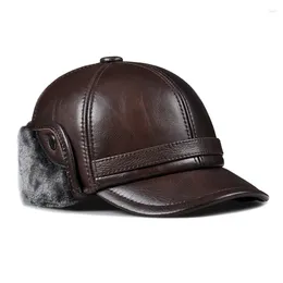 Berets 2023 Winter Men's Hat Thicken Real Leather Sheepskin Baseball Caps With Ears Warm Snapback Dad's Hats Bomber