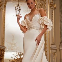 Sexy Mermaid Wedding Dresses Scoop Beaded Pearls Illusion Button Satin Bridal Gown Detachable Train Sleeves Vestidos YD