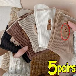 Women Socks 1/5pairs Women's Casual Bear Japanese Winter Solid Color Cotton Autumn Simple Medium Length Cartoon