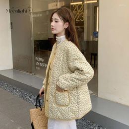 Women's Trench Coats Vintage Yellow Flower Quilted Jacket Women Thick Warm Loose Winter Cotton Padded Korean Single Breasted Parka Outwear