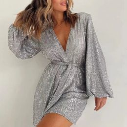 Urban Sexy Dresses Fashion Shiny Sequin Solid Club Party Romper 2024 Ladies Sexy Deep V Long Sleeved Jumpsuit Casual Lace Up Waist Shorts Playsuits 231213