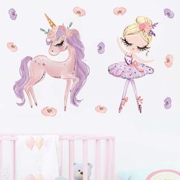 Hand Paint Watercolour Purple Princess with Unicorns Wall Stickers for Kids Girl Room Wall Decals Home Decorative Stickers Decor