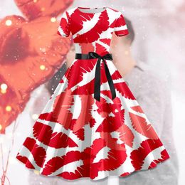 Casual Dresses Valentine'S Day Women Dress Print Red Lip Sundress High Waist Tunic Robe Vintage Evening Party Vestidos Para Mujer